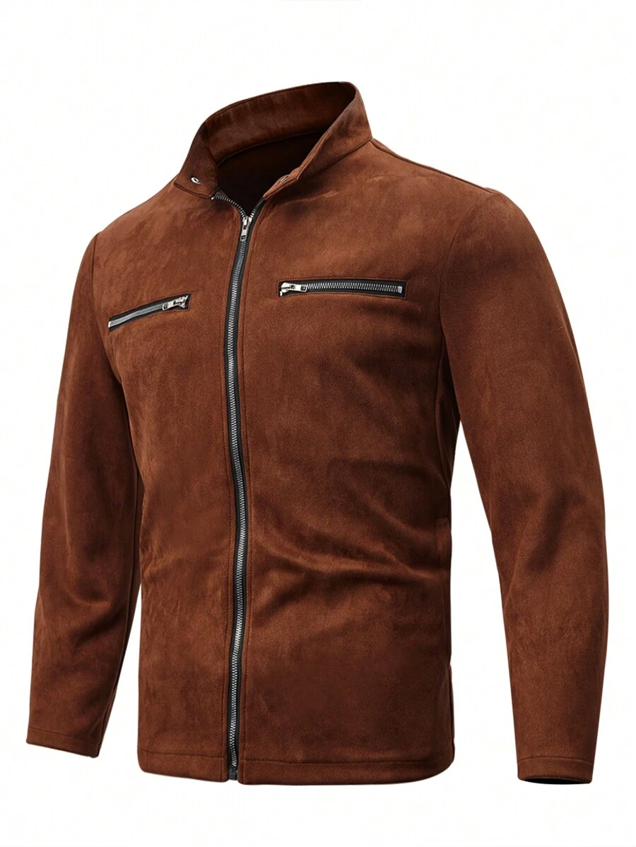Manfinity Homme Loose Fit Men's Faux Suede Zip-Up Jacket - Brown - View 1