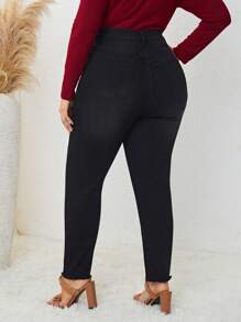 SHEIN LUNE 大碼高腰毛邊緣緊身牛仔褲 - 黑色 - 查看 2