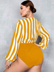 SHEIN Clasi 大碼條紋印花燈籠袖連身背心 - 黃色 - 查看 2
