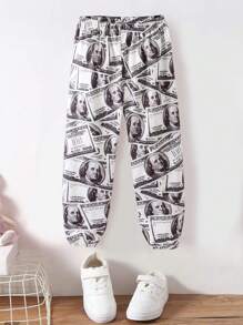 SHEIN 女小童滿版現金印花衛褲 - 黑與白 - 查看 1