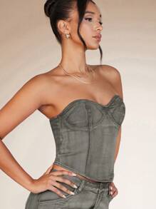 SHEIN BAE Solid Bustier Tube Denim Top - Army Green - View 7