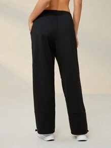 SHEIN Sports Pantalones deportivos de cintura con cordón con bolsillo oblicuo - Negro - Ver 2