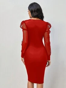 SHEIN Clasi In hoa Lưới tương phản Tay áo Váy bodycon - Đỏ và trắng - Xem 2