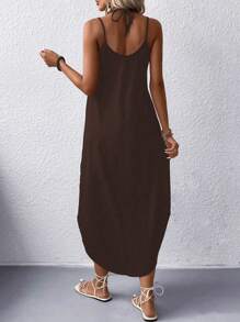 EARO Elegant European & American Style Minimalist Casual Sleeveless Long Solid Color Dress, Versatile For Daily Wear, Commute, Spring/Autumn, Vacation, Knitted High Stretch Tie-Waist Fitted Slimming Comfortable Slip Dress - Coffee - View 2
