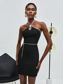 Maija 撞色滾邊繞頸露背緊身洋裝不附腰帶 - 黑與白 - 查看 7