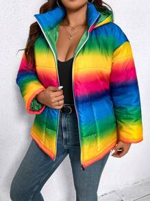 Celure Plus Ombre Drop Shoulder Zipper Hooded Padded Padded Coat Clothes Winter Thermal - Multicolor - View 4