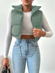 SHEIN Cottnline Drawstring Hem Zipper Vest Puffer Coat - Mint Green - View 1