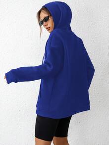 SHEIN EZwear Letter Graphic Zip Up Drop Shoulder Drawstring Hoodie - Royal Blue - View 5