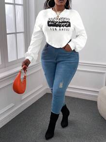 Slaydiva Plus Letter Graphic Drop Shoulder Sweatshirt - White - View 1