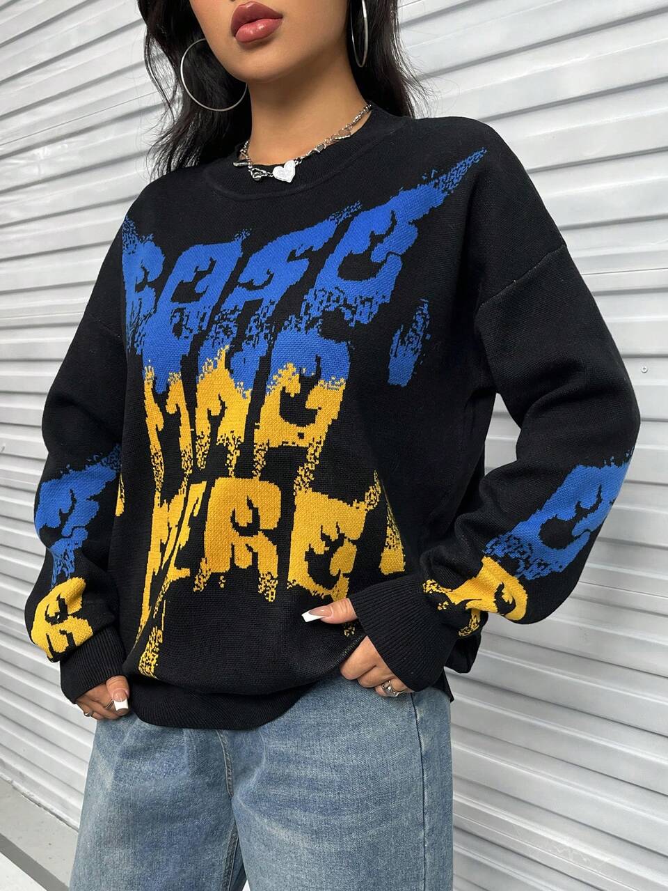 Letter Pattern Drop Shoulder Knit Pullover Fall Winter Sweater
