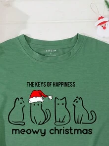 SHEIN EZwear Cat And Slogan Graphic Tee - Green - View 5