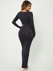 EURMUSE Solid Long Sleeve Bodycon Dress - Black - View 2