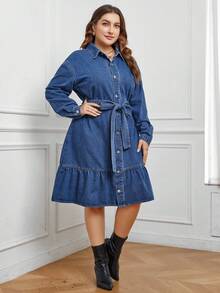 SHEIN LUNE Hơn Nút phía trước Xù Hoa Sen Thắt lưng Đầm Denim - Rửa trung bình - Xem 6