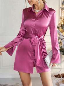 SHEIN Privé 素色側打結緞面襯衫洋裝 - 粉色 - 查看 2