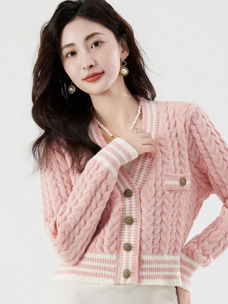 Sọc trang trí Xoắn Dan Áo len Mở - Hồng - Xem 1