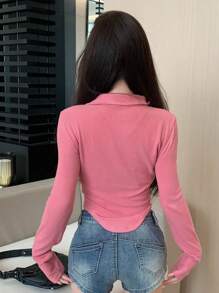 DAZY Solid Zipper Front Curved Hem Tee,Fall Clothes Long Sleeve Women Tops - Hot Pink - View 4