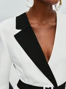 Maija Contrast Panel Flap Detail Blazer With Belt - Black and White - View 8