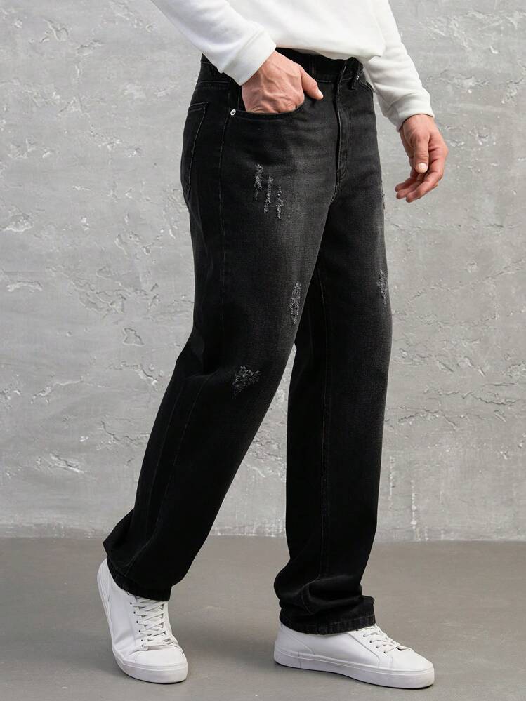 Pantalones De Jean Distressed Con Agujeros Rotos Y Decoración De Bigote De Lana Para Hombre - Gris - Ver 3