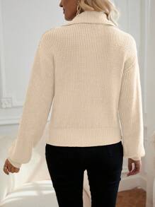 SHEIN LUNE 半拉鏈落肩袖套頭毛衣 - 米色 - 查看 2