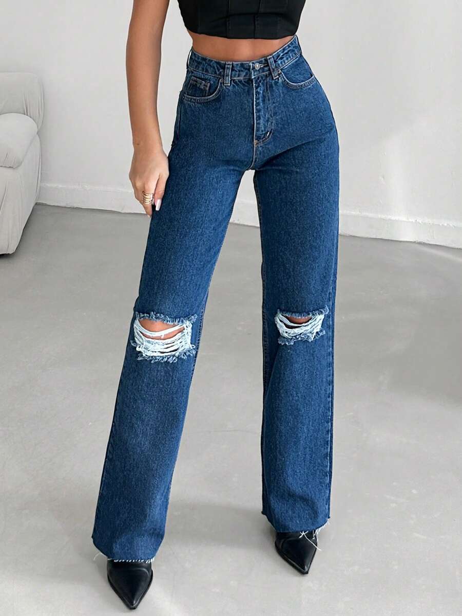 RueChic High Waist Ripped Straight Leg Jeans - Blue - View 1