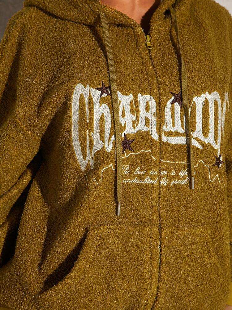 Letter Embroidery Drop Shoulder Hooded Teddy Jacket In Fall/Winter