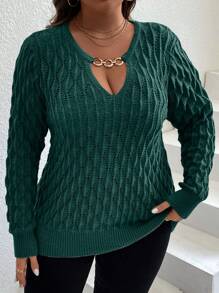 SHEIN LUNE Plus Chain Detail Keyhole Neck Sweater, Winter Knit Pullover Fall Sweater - Green - View 3