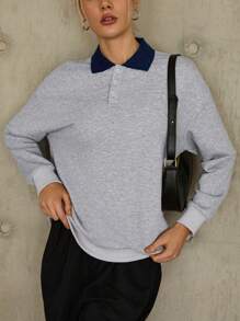 SHEIN Essnce 拼接領落肩袖運動衫 - 灰色 - 查看 1