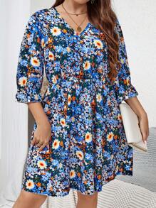 EMERY ROSE 大码花卉印花荷叶边袖荷叶边下摆连衣裙 - 藏蓝色 - 查看 4