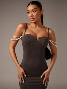 SHEIN BAE 珍珠串珠帶束胸緊身洋裝 - 咖啡棕 - 查看 6