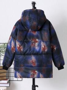 SHEIN Tween Boy 图案印花拉链连帽夹棉大衣 - 黑色 - 查看 4