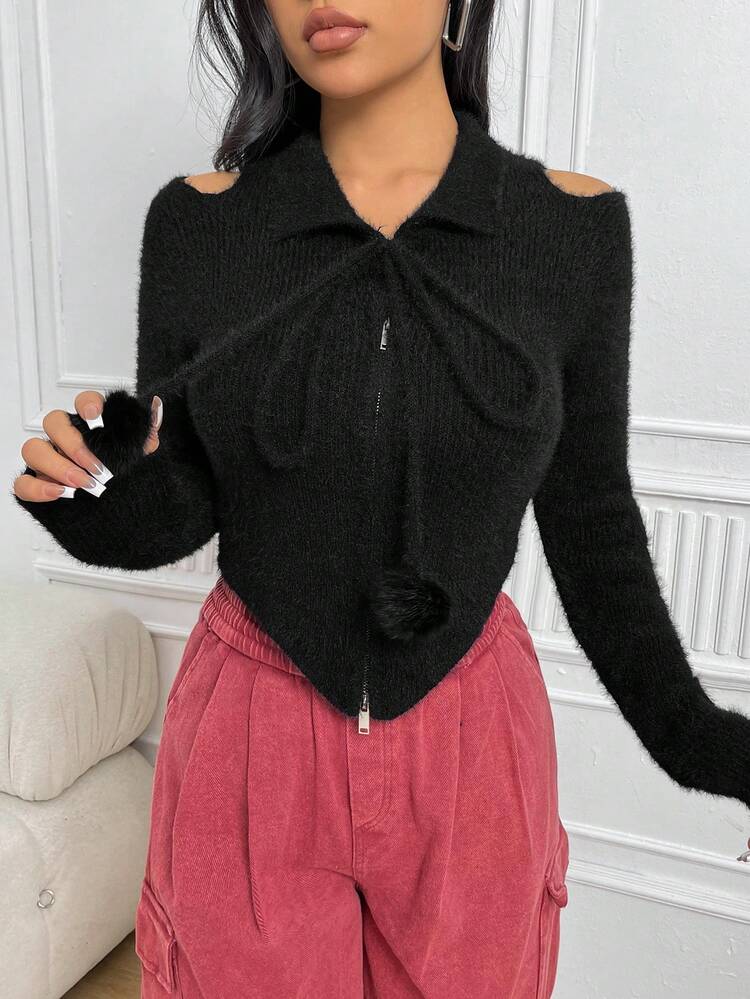Cut Out Shoulder Tie Neck Asymmetrical Hem Fluffy Knit Cardigan