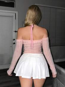 Sweetina Solid Halter Neck Tie Backless Crop Sweater - Pink - View 2