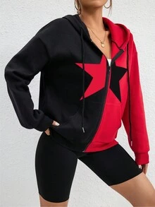 SHEIN EZwear 星星印花拉鍊開衫下垂肩抽繩連帽衫 - 黑色 - 查看 5