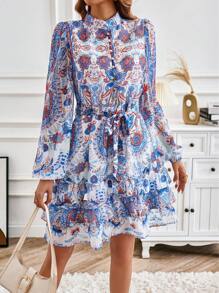 SHEIN Clasi Paisley Print Lantern Sleeve Ruffle Hem Belted Shirt Dress - Royal Blue - View 6