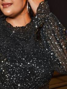 SHEIN Frenchy Plus Keyhole Back Sheer Sleeve Dress - Black - View 7