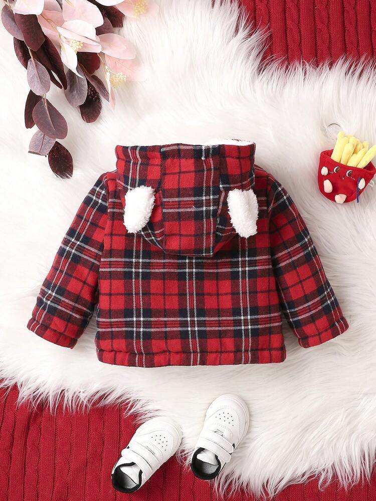 Baby Girl Tartan Double Breasted 3D Ear Design Teddy Lined Hooded Coat for Christmas