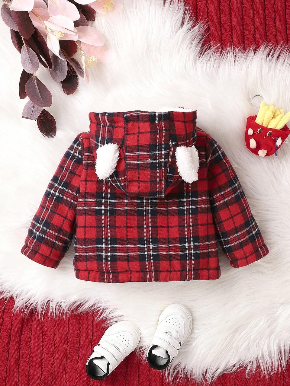 Baby Girl Tartan Double Breasted 3D Ear Design Teddy Lined Hooded Coat for Christmas