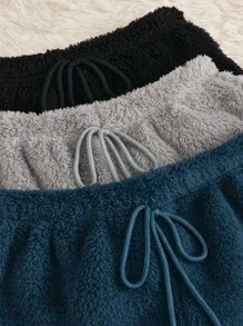 3pcs Letter Embroidery Drawstring Waist Flannel Lounge Cozy Shorts Sleep Cozy Shorts, Fall Winter Clothes, Fluffy - Multicolor - View 3