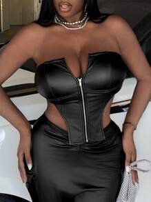 Slaydiva Zip Up Asymmetrical Hem PU Leather Tube Top - Black - View 1