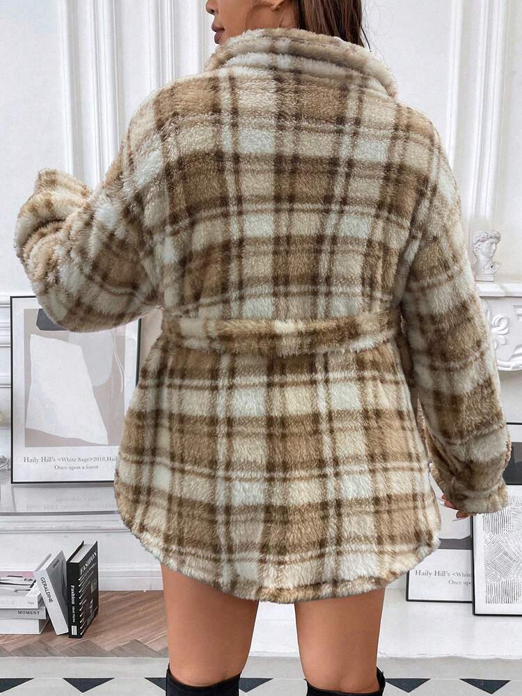 Plus Plaid Pattern Belted Teddy Coat
