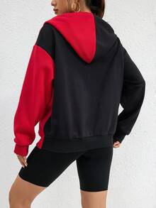 SHEIN EZwear 星星印花拉鍊開衫下垂肩抽繩連帽衫 - 黑色 - 查看 2