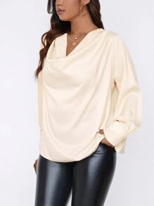 SHEIN Clasi Plus Draped Collar Lantern Sleeve Blouse - Apricot - View 4