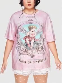 ROMWE Kawaii Plus Tie Dye Figure & Slogan Graphic Drop Shoulder Tee - Multicolor - View 2