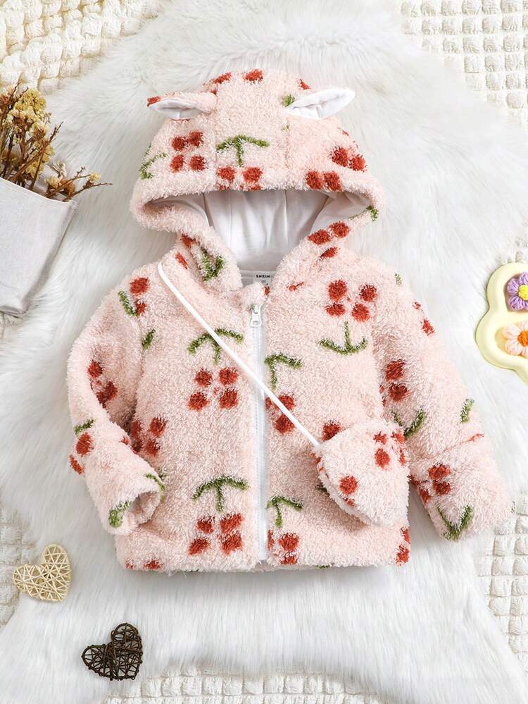 Baby Girl Cherry Pattern 3D Ear Design Hooded Teddy Coat With Bag