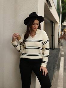 Calvaya Plus Striped Pattern Drop Shoulder Sweater Knit Pullover Fall Winter Sweater - Apricot - View 5