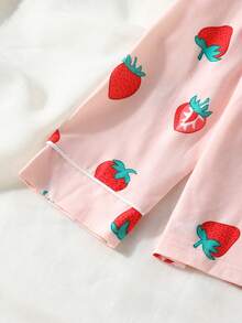 SHEIN Cô gái Tween In Dâu tây Nút phía trước Áo sơ mi & Quần Bộ PJ - Hồng - Xem 6