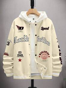 Manfinity 男士格言圖案帶條紋修飾落肩運動外套無帽款 - 卡其色 - 查看 3