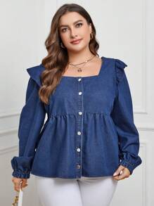 SHEIN LUNE 大碼方領荷葉邊荷葉邊下擺牛仔上衣 - 藍色 - 查看 1