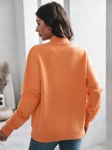 SHEIN LUNE 小高領落肩袖毛邊套頭毛衣 - 橘色 - 查看 2