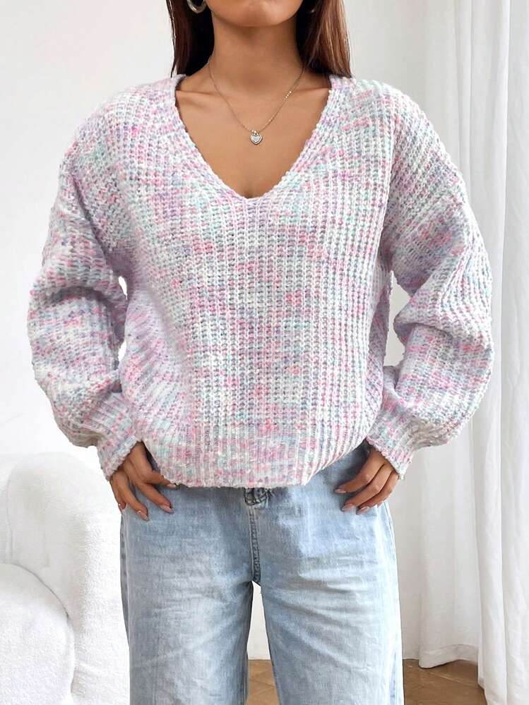 SHEIN LUNE 段染落肩袖套頭毛衣 - 彩色 - 查看 4